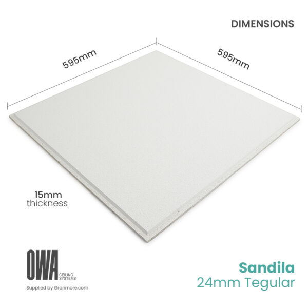 Sandila 24mm Tegular Ceiling Tiles 600mm x 600mm | Unperforated Plain | Fits 24mm Grid System | 10 Tiles per Box - Image 2